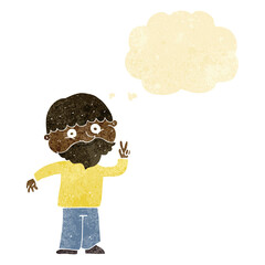 cartoon man giving peace sign with thought bubble