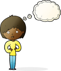 cartoon woman making Who Me? gesture with thought bubble