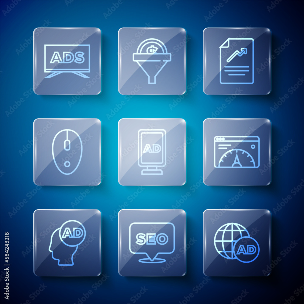 Poster set line advertising, seo optimization, document with graph chart, computer mouse, and website stati