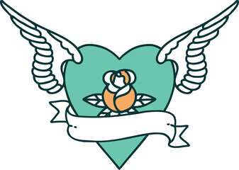tattoo style icon of a heart with wings a rose and banner