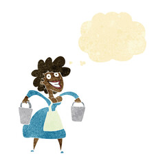 cartoon milkmaid carrying buckets with thought bubble