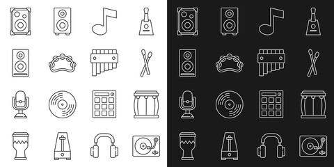 Set line Vinyl player with vinyl disk, Drum, sticks, Music note, tone, Tambourine, Stereo speaker, and Pan flute icon. Vector