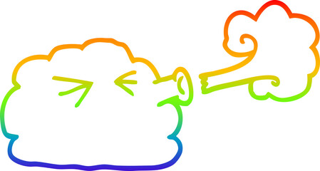 rainbow gradient line drawing cartoon cloud blowing a gale