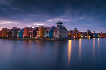 Colorful houses in Groningen during the blue hour. The original architecture of the houses is a frequent reason for visiting this place.