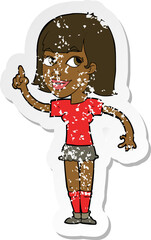 retro distressed sticker of a cartoon pretty girl with idea