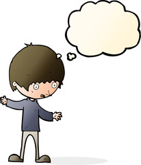 cartoon boy with outstretched arms with thought bubble