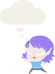 carton happy elf girl dancing and thought bubble in retro style
