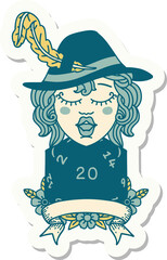 human bard character with natural 20 dice roll sticker