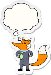 cartoon fox businessman and thought bubble as a printed sticker