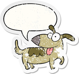 cartoon happy dog and speech bubble distressed sticker