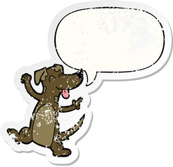 cartoon dancing dog and speech bubble distressed sticker