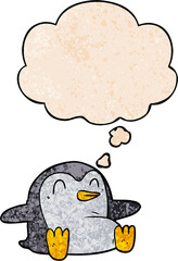 cartoon penguin and thought bubble in grunge texture pattern style