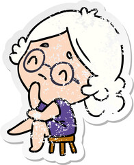 distressed sticker cartoon of a cute kawaii lady thinking
