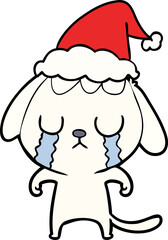 cute line drawing of a dog crying wearing santa hat