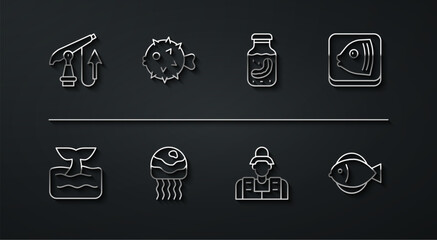 Set line Fishing harpoon, Whale tail ocean wave, head, Fisherman, Jellyfish, hedgehog, and Sea cucumber jar icon. Vector