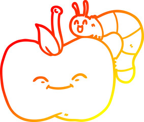 warm gradient line drawing cartoon apple and bug