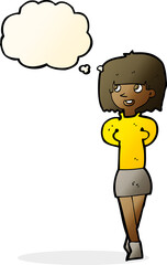 cartoon happy woman with thought bubble