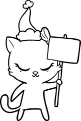 cute line drawing of a cat with sign wearing santa hat