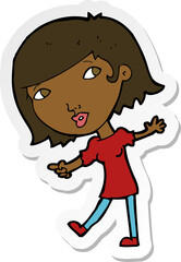 sticker of a cartoon happy girl gesturing to follow