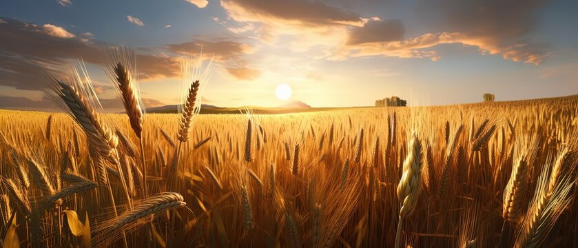 banner wide picture of beautiful close up wheat ear against sunlight at evening or morning with yellow field as background, Generative Ai