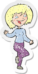 retro distressed sticker of a cartoon laughing woman