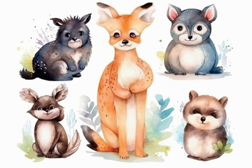 Fototapeta set of funny cartoon animals, watercolor design, vector obraz