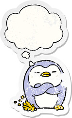 cartoon penguin tapping foot and thought bubble as a distressed worn sticker