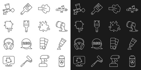 Set line Paint spray can, Tube with paint palette, bucket, brush, gun and icon. Vector