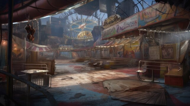 Creepy, Abandoned and Haunted Amusement Park, Fairground, Circus, Digital Illustration, Concept Art, Generative AI