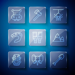 Set line Mexican mayan or aztec mask, Elephant, Shovel, Spider, Binoculars, Snake, Hippo Hippopotamus and Mountains icon. Vector
