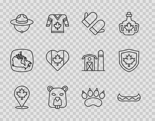 Set line Canadian maple leaf, Kayak, Christmas mitten, Beaver animal, ranger hat, Heart shaped Canada flag, Bear paw footprint and on shield icon. Vector