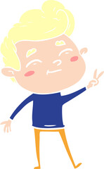 happy flat color style cartoon man giving a peace sign