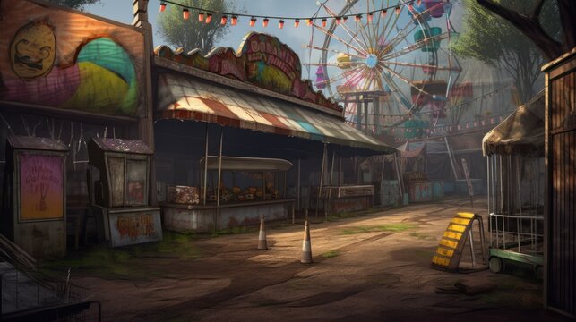 Creepy, Abandoned and Haunted Amusement Park, Fairground, Circus, Digital Illustration, Concept Art, Generative AI