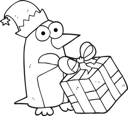 black and white cartoon christmas penguin