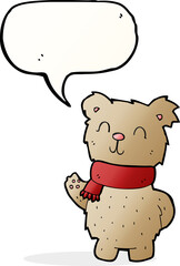 cartoon waving teddy bear with speech bubble