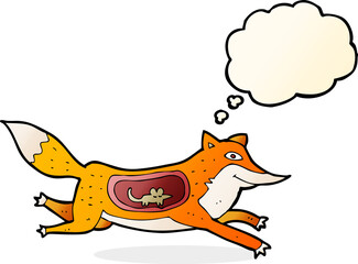 cartoon fox with mouse in belly with thought bubble