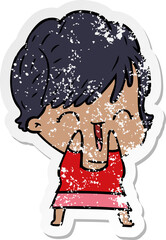 distressed sticker of a cartoon laughing woman