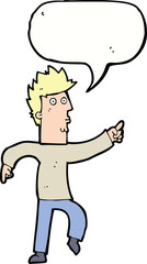 cartoon worried man pointing with speech bubble