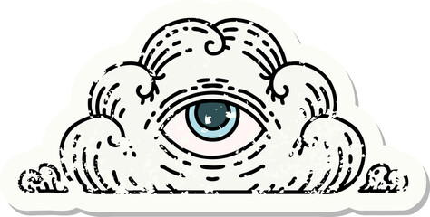traditional distressed sticker tattoo of an all seeing eye cloud