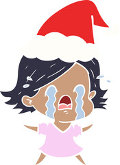 flat color illustration of a woman crying wearing santa hat