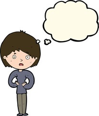 cartoon woman making Who Me? gesture with thought bubble