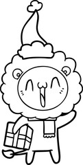 Obraz premium happy line drawing of a lion wearing santa hat