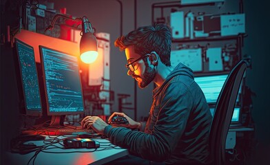 Illustration of a hacker using laptop in dark room.Generative Ai.