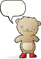 cartoon teddy bear wearing boots with speech bubble