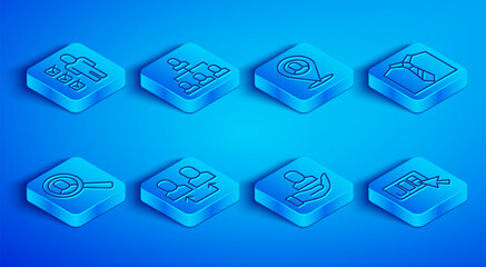 Obraz premium Set line Resume, Employee hierarchy, Worker location, Exchange work, Tie, Magnifying glass for search job and Search icon. Vector