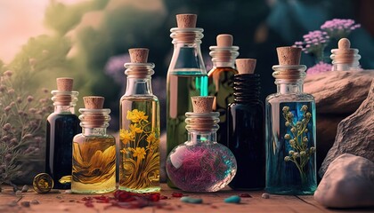 many type of aroma oil in row, Generative Ai - obrazy, fototapety, plakaty