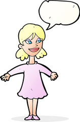 cartoon woman with open arms with speech bubble