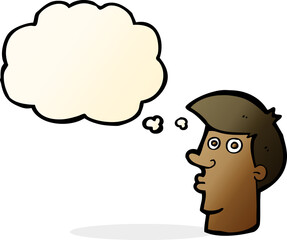 cartoon confused man with thought bubble