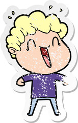 distressed sticker of a cartoon happy man laughing
