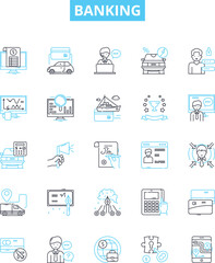 Fototapeta na wymiar Banking vector line icons set. Banking, finance, savings, investments, deposits, loans, credit illustration outline concept symbols and signs